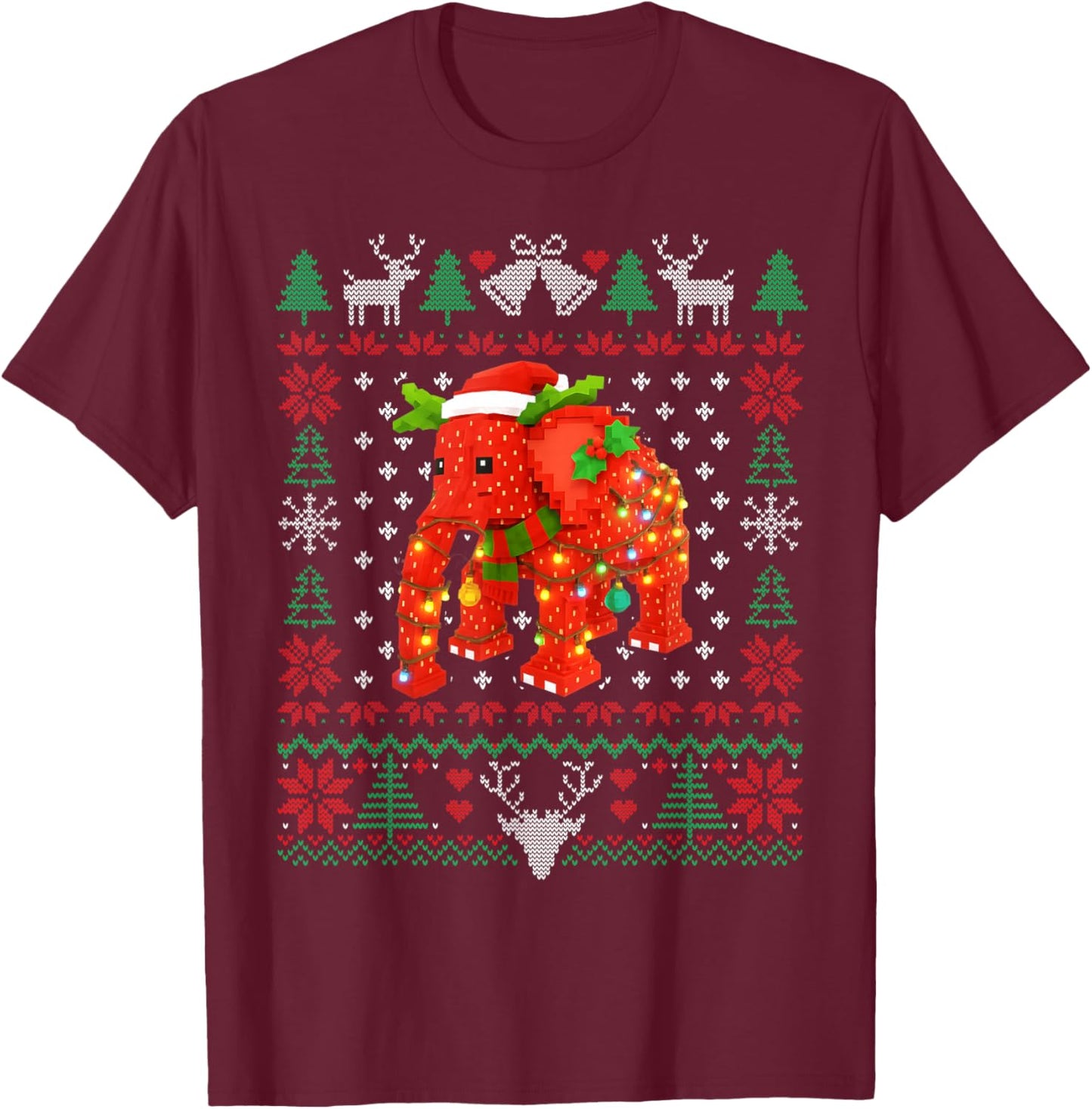 Funny Strawberry Elephant Brainrot Christmas Ugly Sweater T-Shirt - T-Shirt | Maroon