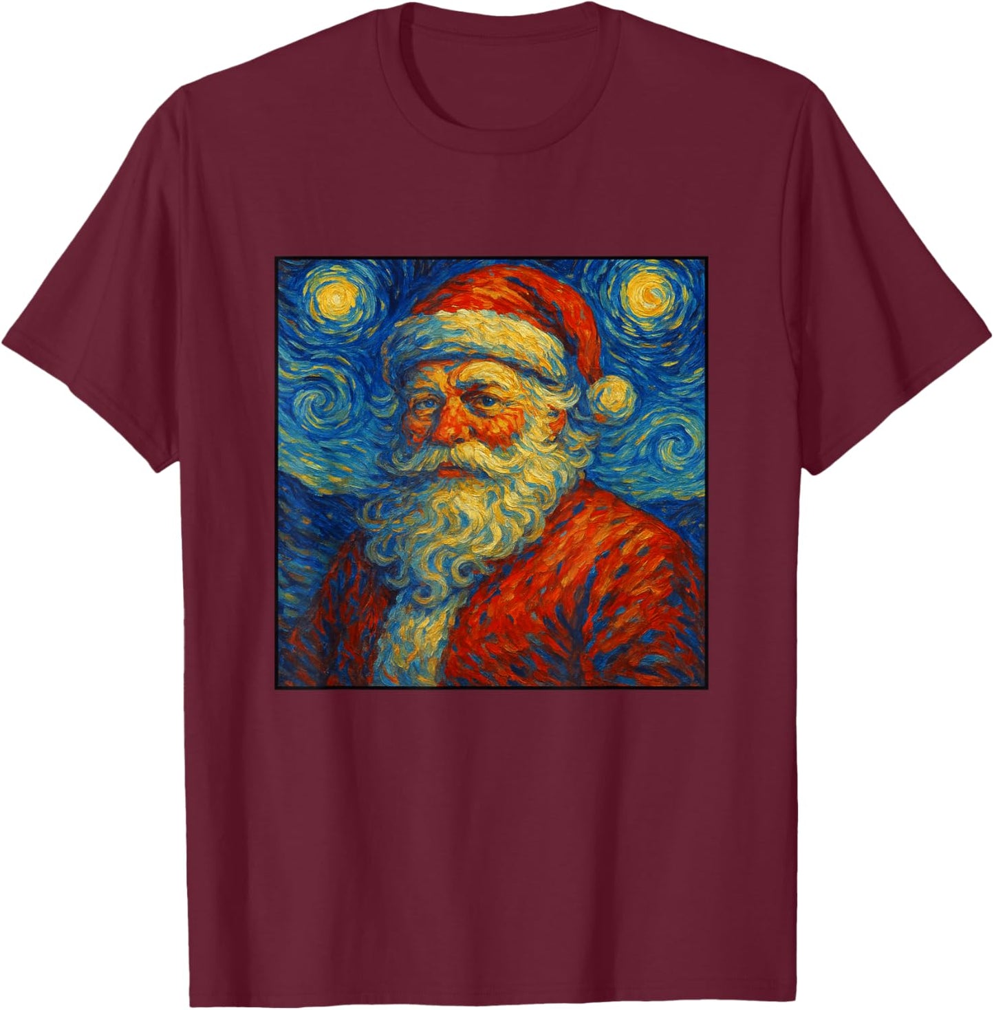 Santa Claus Starry Night Van Gogh Christmas Art Xmas Parody T-Shirt - T-Shirt | Maroon