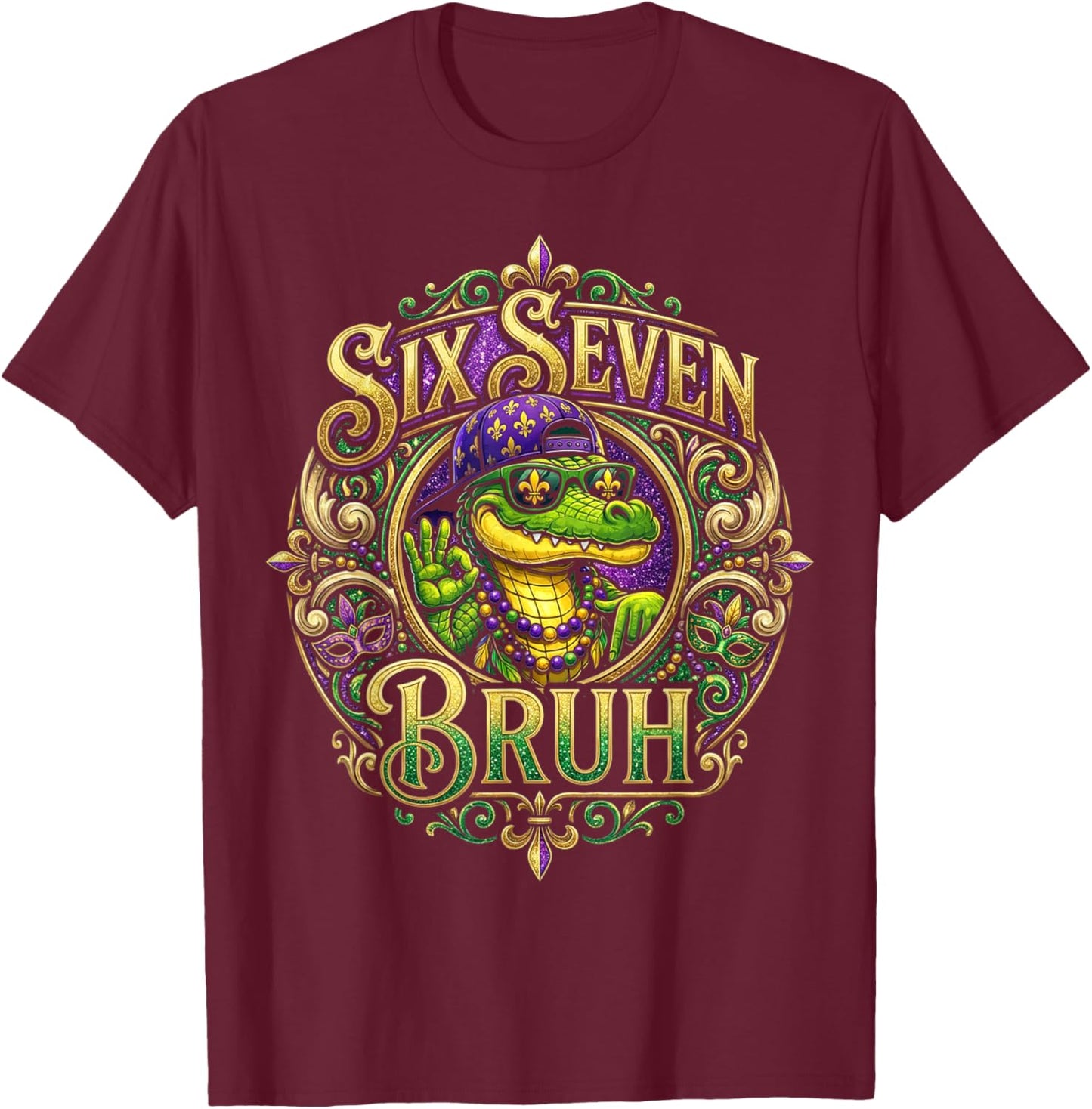 Mardi Gras Six Seven Bruh Mardigator Alligator 67 Meme Boys T-Shirt - T-Shirt | Maroon