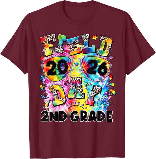 Field Day 2026 Second 2nd Grade Tie Dye Leopard School T-Shirt - T-Shirt | Maroon