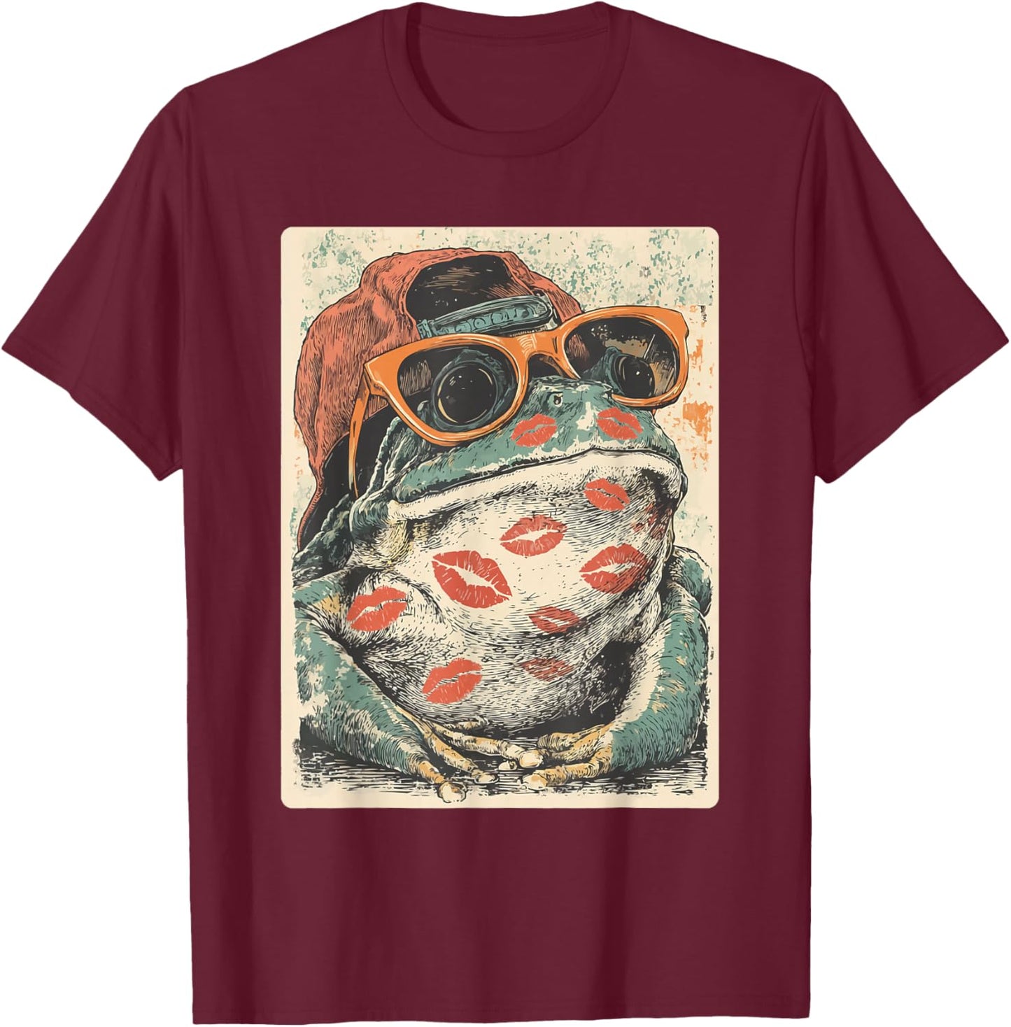 Romantic Frog with Sunglasses Kisses Valentine's Day Animal T-Shirt - T-Shirt | Maroon