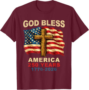 God Bless America 250 Years 1776-2026 Christian Cross Flag T-Shirt - T-Shirt | Maroon