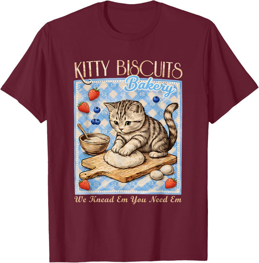 Kitty Biscuits Bakery Cat Kneading Vintage Cottagecore Theme T-Shirt - T-Shirt | Maroon