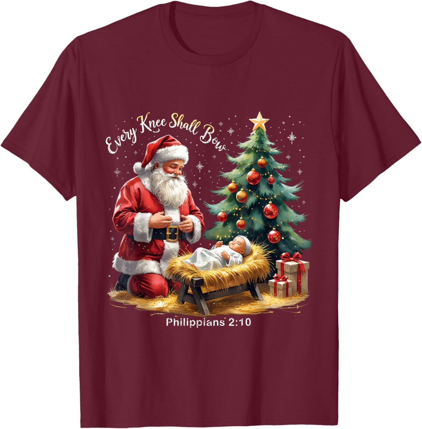 Every Knee Shall Bow Philippians 2:10 Christmas T-Shirt - T-Shirt | Maroon