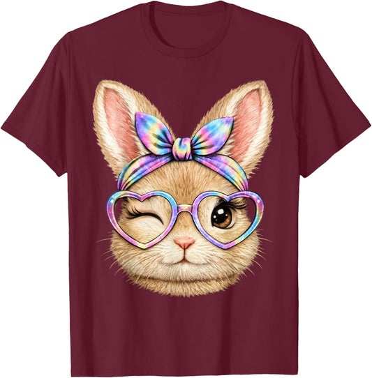 Cute Bunny Face Tie Dye Glasses Happy Easter for Girls Kids T-Shirt - T-Shirt | Maroon