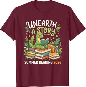 Unreath a Story Summer Library Reading 2026 Dinosaur Book T-Shirt - T-Shirt | Maroon