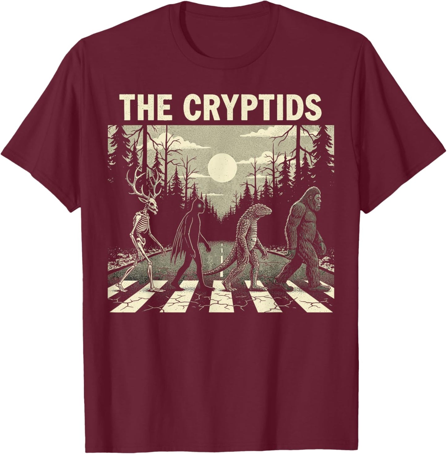 The Cryptids Funny Mythical Bigfoot Mothman Graphic T-Shirt - T-Shirt | Maroon