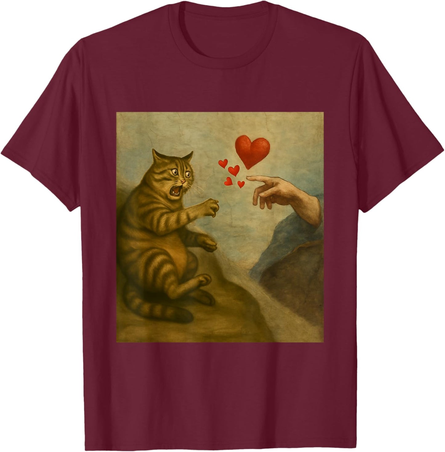 Cat Swatting God's Hand with Hearts Parody Cats T-Shirt - T-Shirt | Maroon