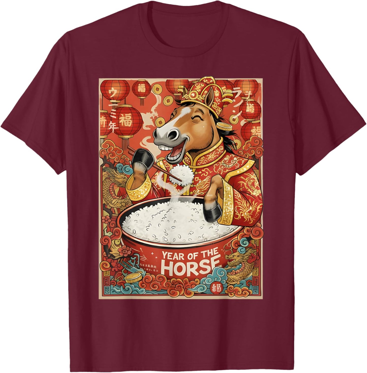 Zodiac Chinese New Year of The Horse 2026 Rice Men Women T-Shirt - T-Shirt | Maroon