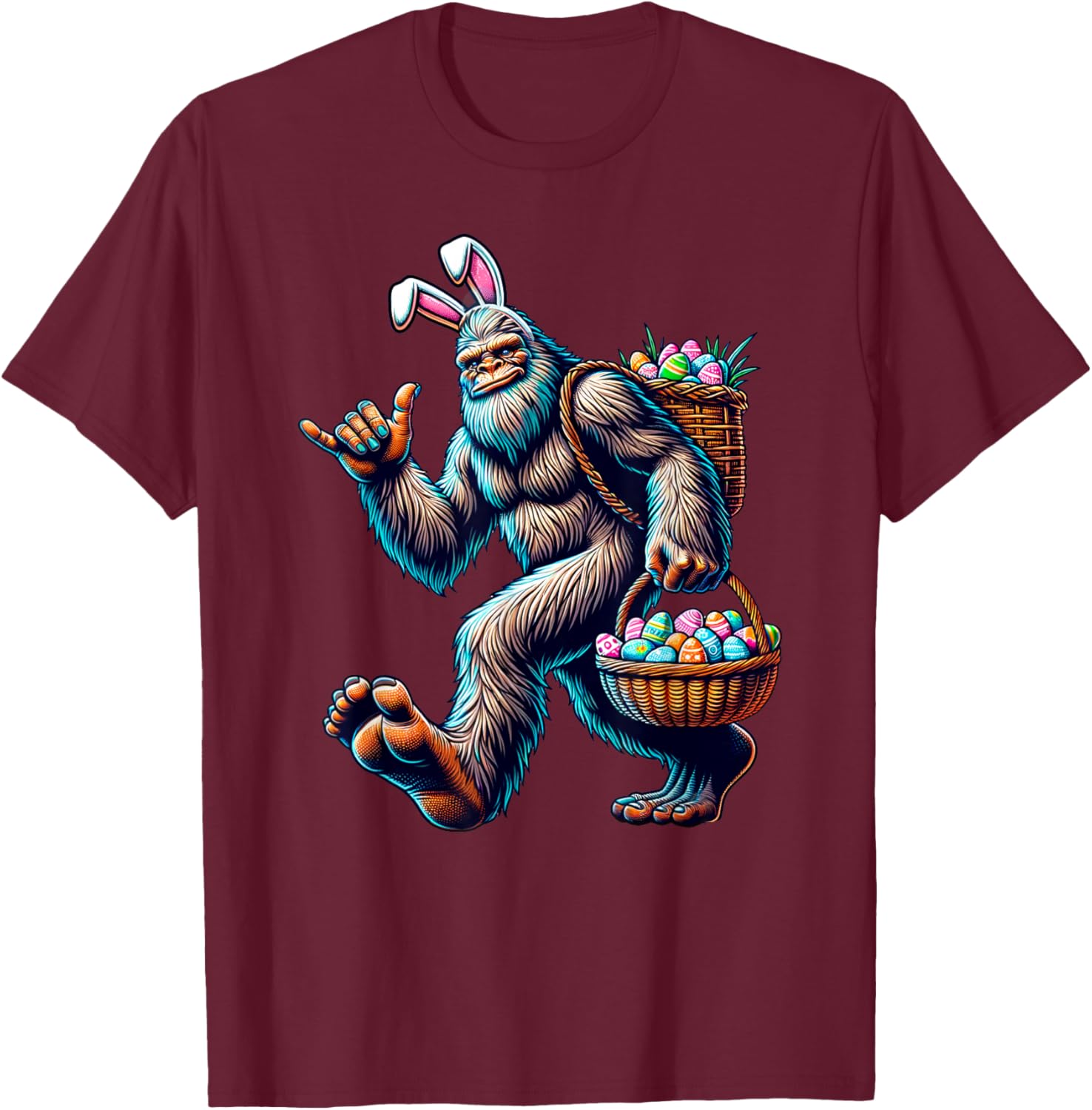 Funny Bigfoot Easter Bunny - Sasquatch with Easter Basket T-Shirt - T-Shirt | Maroon