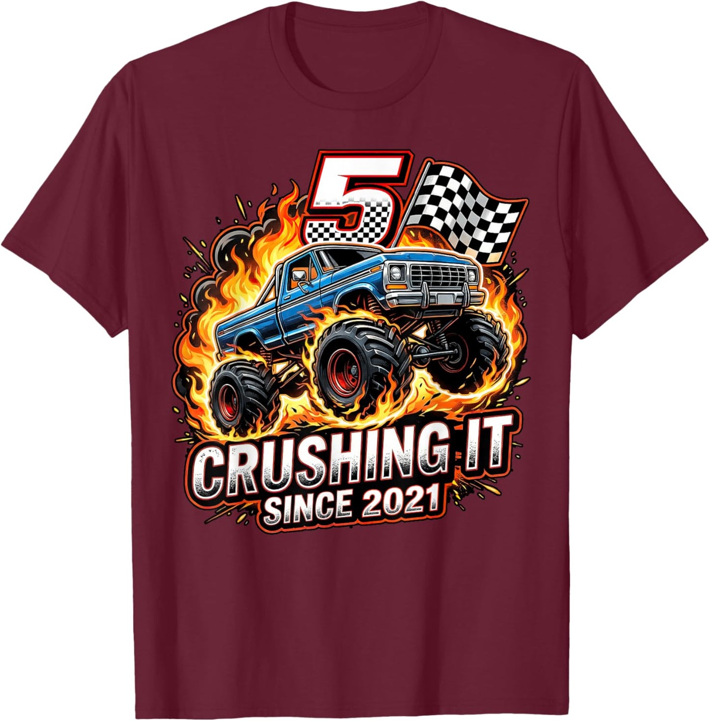 Birthday Monster Truck 5 Year Old Boys 5th Party Born 2021 T-Shirt - T-Shirt | Maroon
