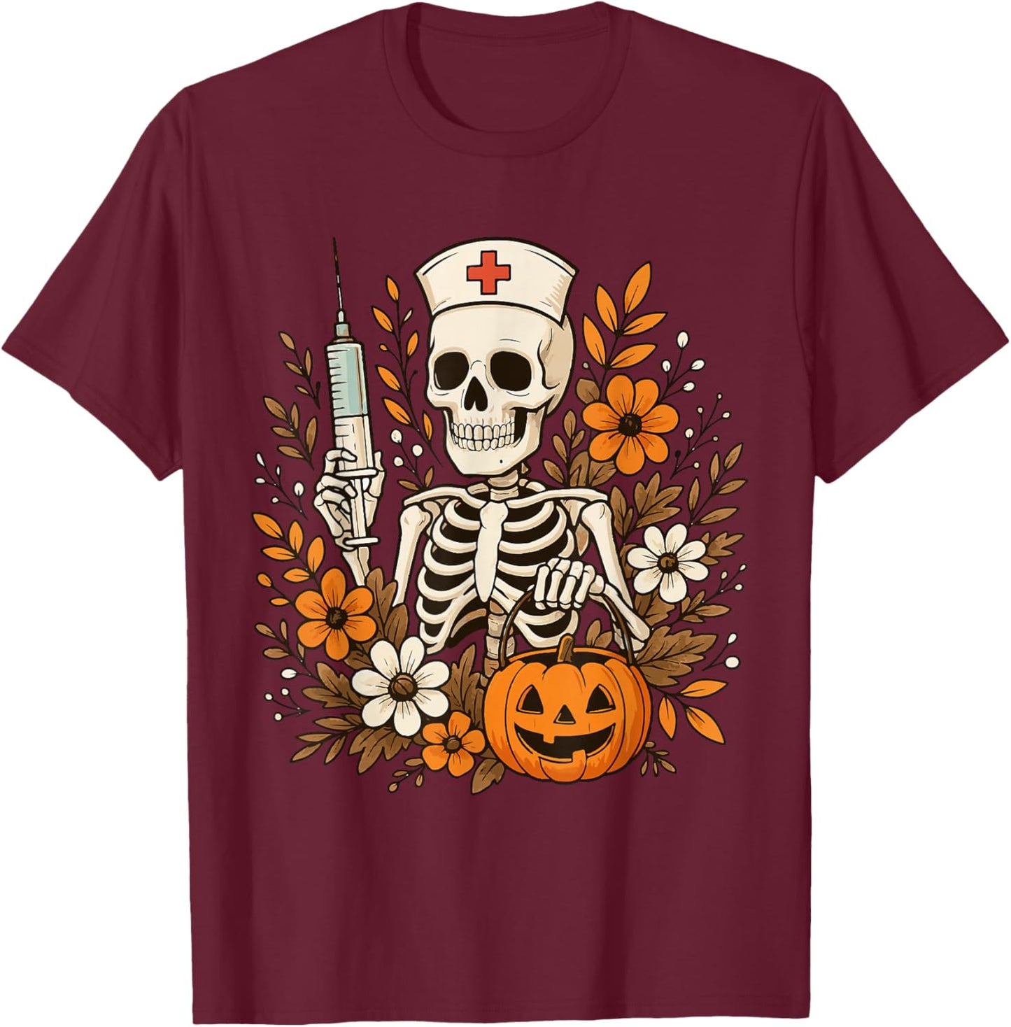 Nurse Skeleton Pumpkin Halloween Autumn Nurse Halloween T-Shirt - T-Shirt | Maroon