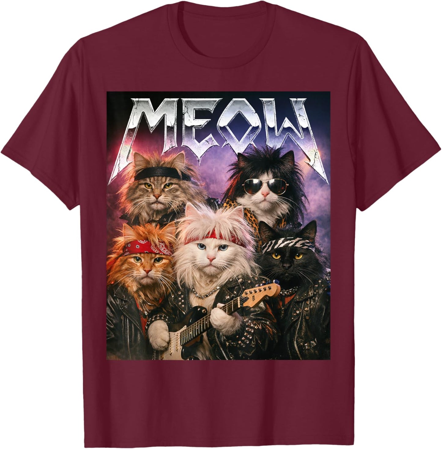Meow Funny Cat Rock Hair Band Retro 80s and 90s Music Fan T-Shirt - T-Shirt | Maroon
