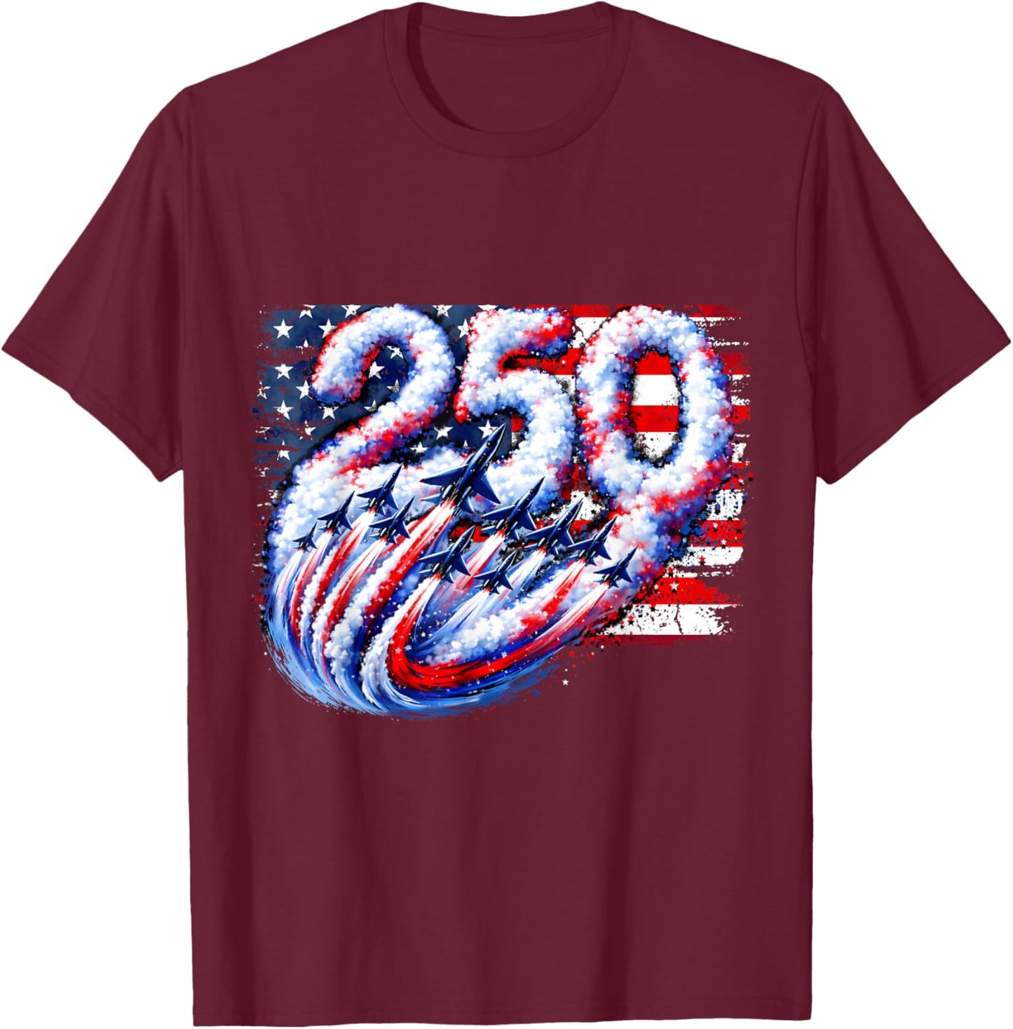 250 Years American 1776 2026 Fighter Jet Airplane USA Flag T-Shirt - T-Shirt | Maroon