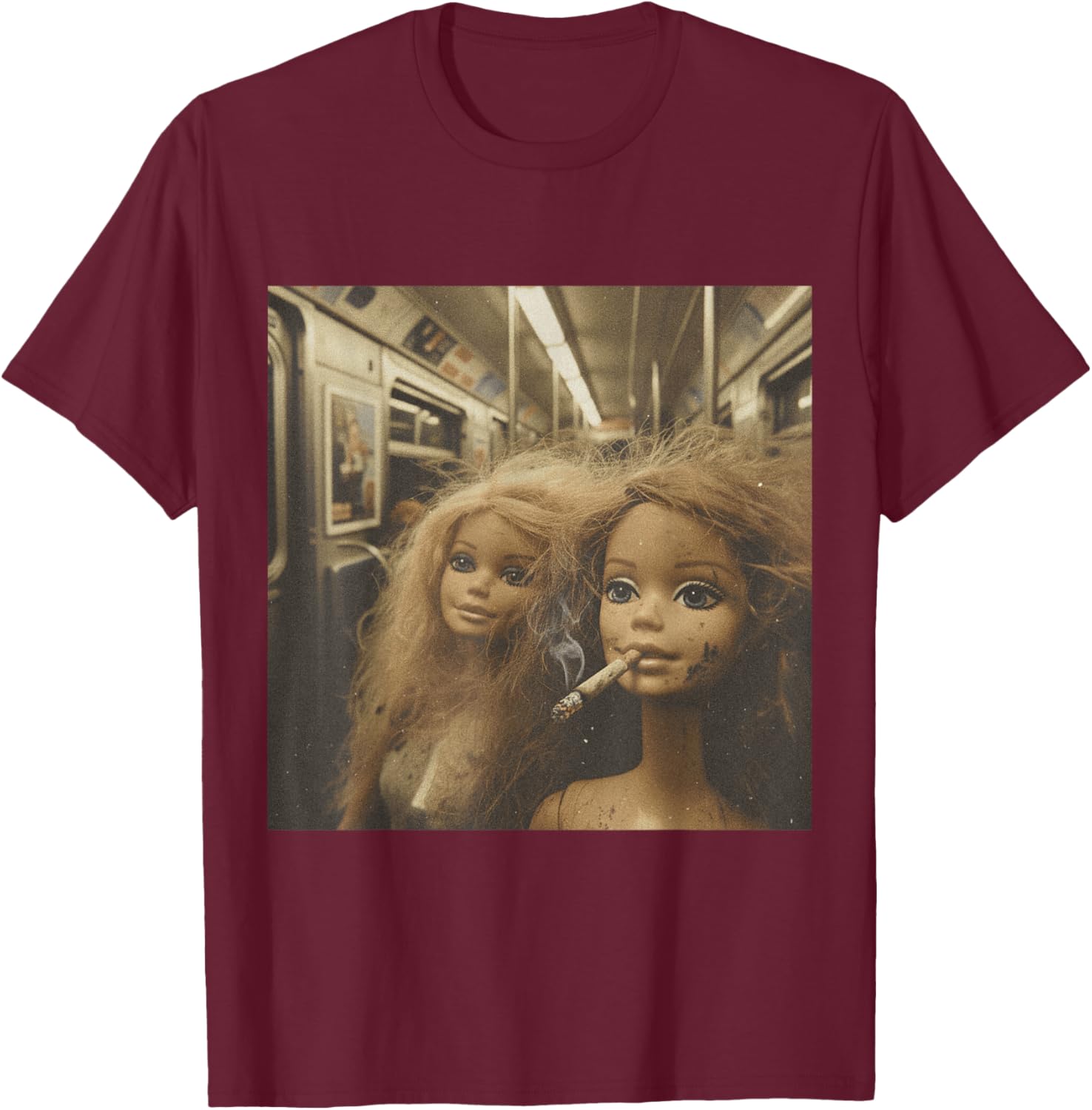 Distressed Doll Smoking Funny Doll Face Meme T-Shirt - T-Shirt | Maroon