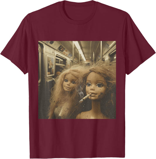 Distressed Doll Smoking Funny Doll Face Meme T-Shirt - T-Shirt | Maroon
