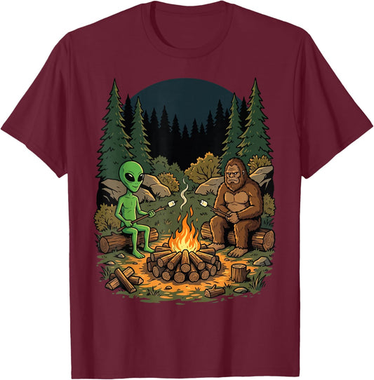 Bigfoot Alien Campfire Camping T-Shirt - T-Shirt | Maroon