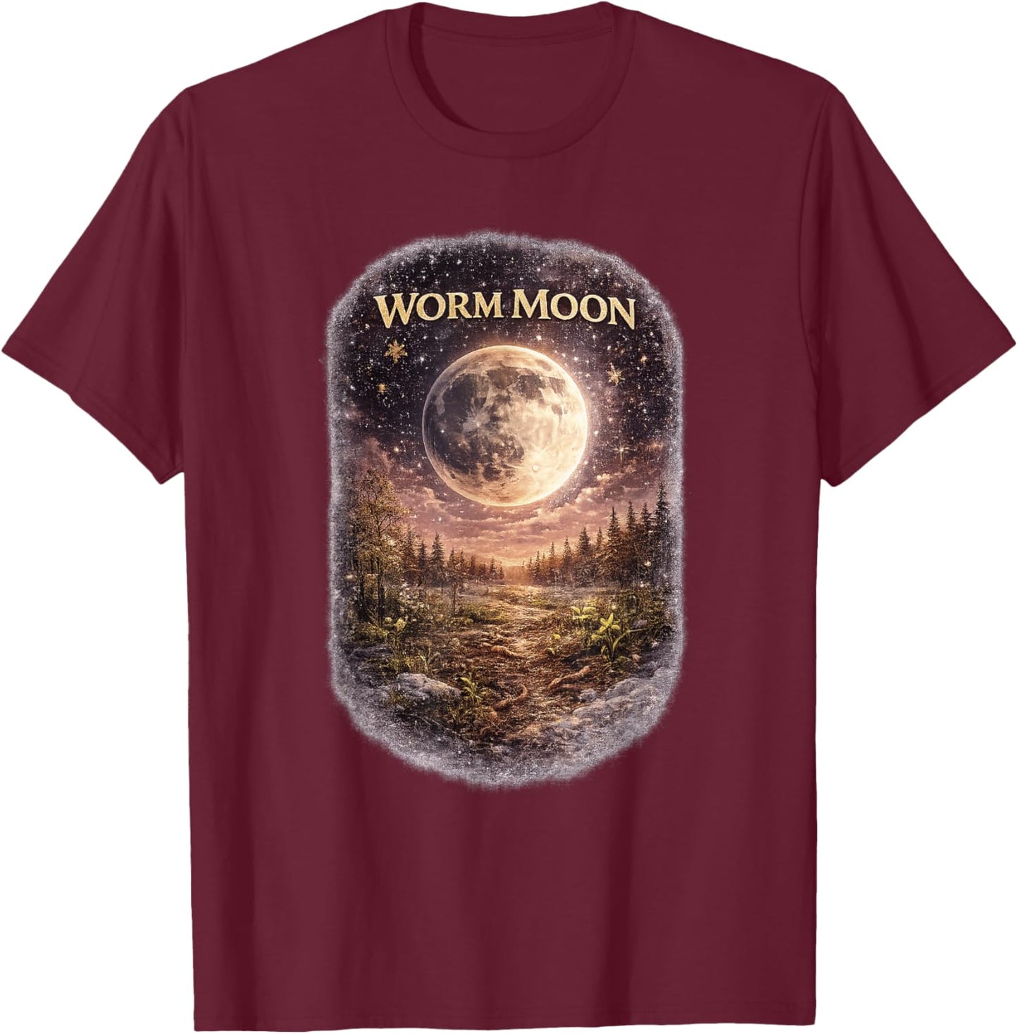 Worm Moon Spring Renewal Lunar Nature Symbolic Art T-Shirt - T-Shirt | Maroon