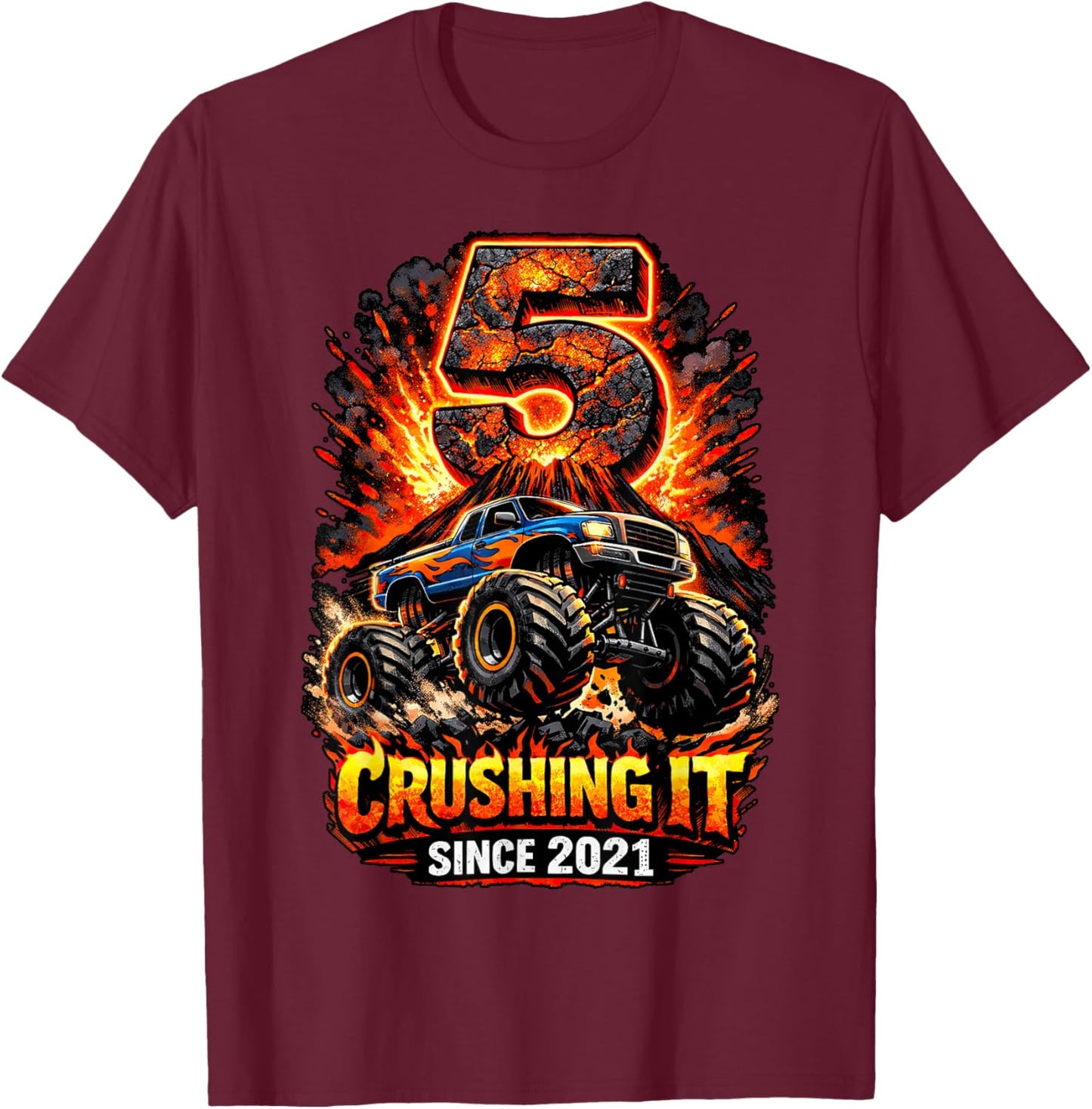 Birthday Monster Truck 5 Year Old Boys 5th Party Born 2021 T-Shirt - T-Shirt | Maroon
