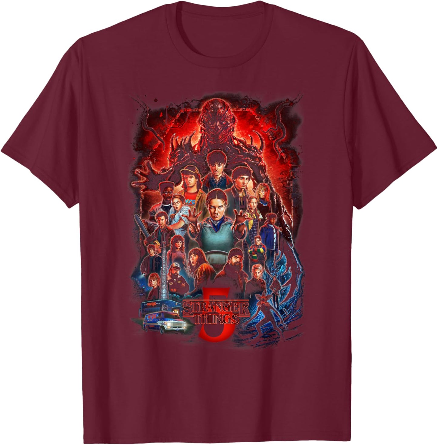 Stranger Things Season 5 Complete Cast Heros Villans Poster T-Shirt - T-Shirt | Maroon