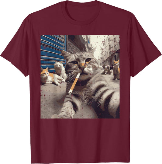 Cat Gangster Street Cats Selfie Funny Meme Humor Men Women T-Shirt - T-Shirt | Maroon