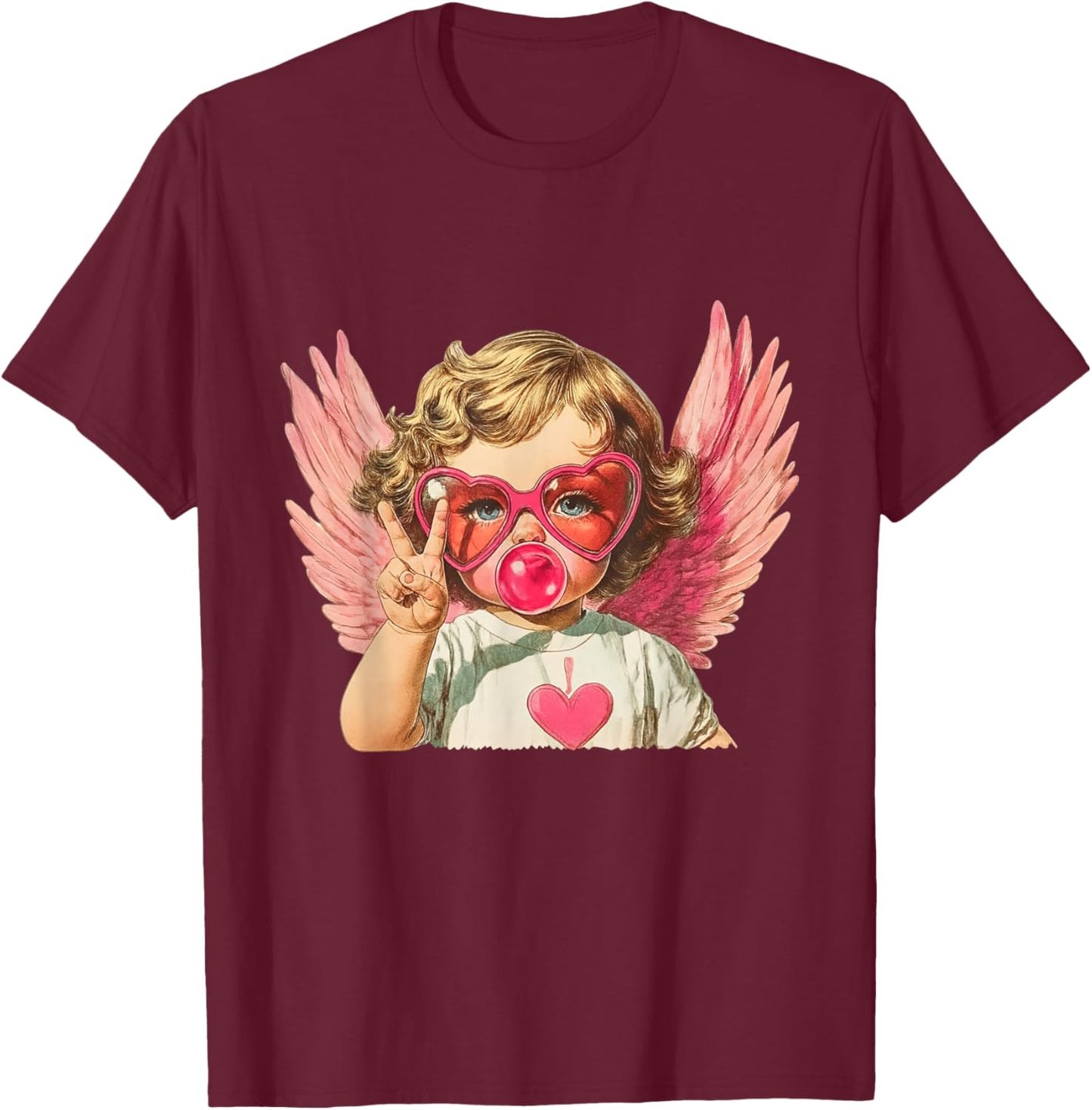 Vintage Cupid Blowing Bubble Gum Heart Sunglasses Valentines T-Shirt - T-Shirt | Maroon