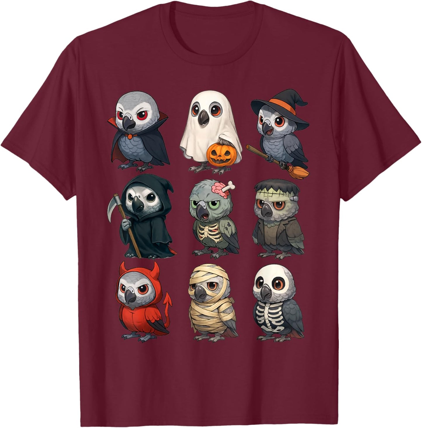 African Grey Parrot Bird Witch Zombie Halloween Costume T-Shirt - T-Shirt | Maroon