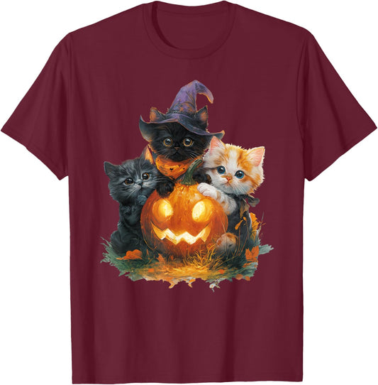 Vintage Kittens Pumpkin Cute Cat Spooky Season Halloween T-Shirt - T-Shirt | Maroon