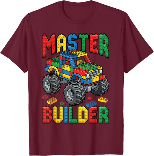 Funny Family Master Builder Kids Building Bricks Blocks Boys T-Shirt - T-Shirt | Maroon