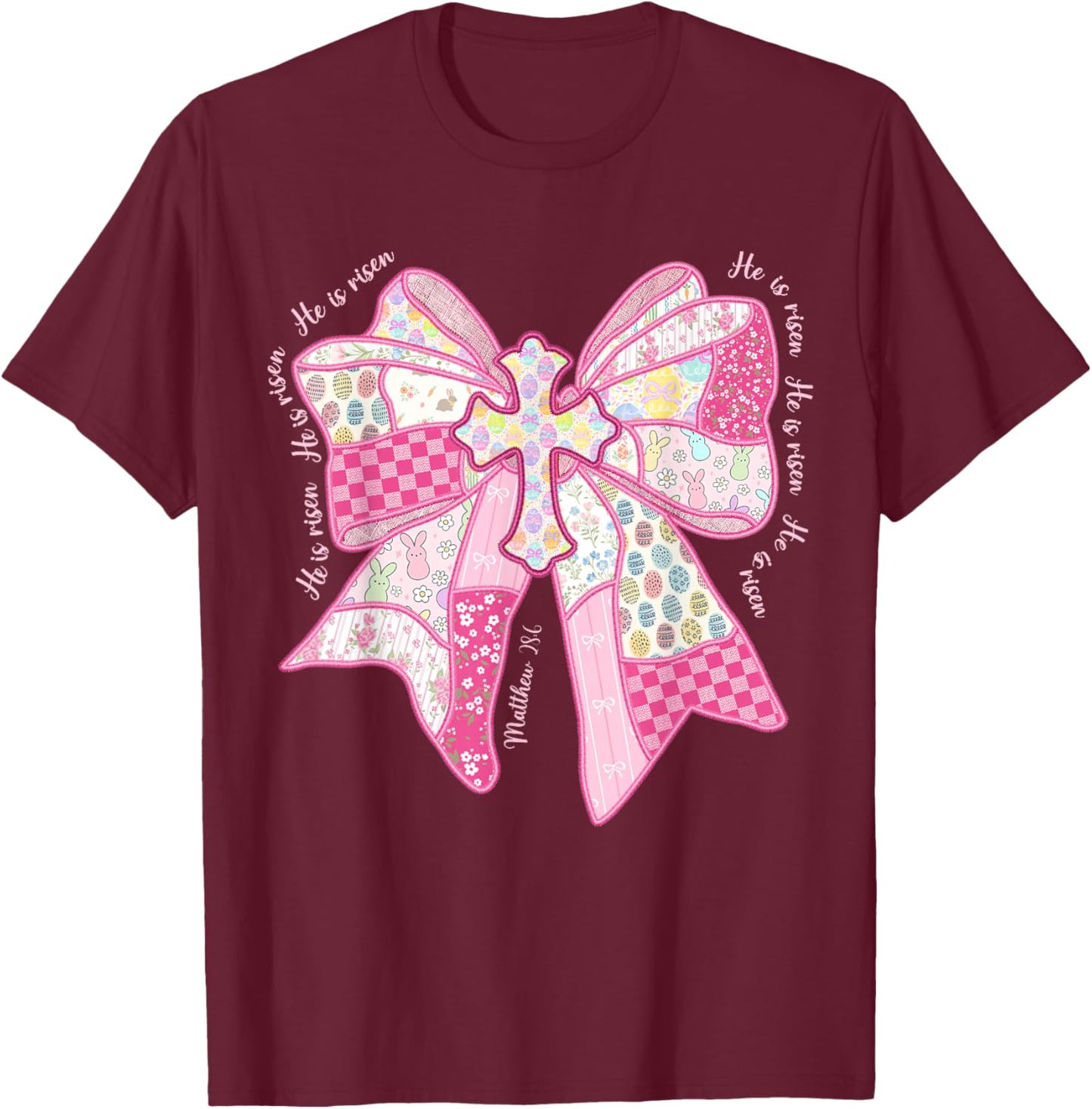 He is Risen Christian Cross Jesus Coquette Bow Bunny Easter T-Shirt - T-Shirt | Maroon