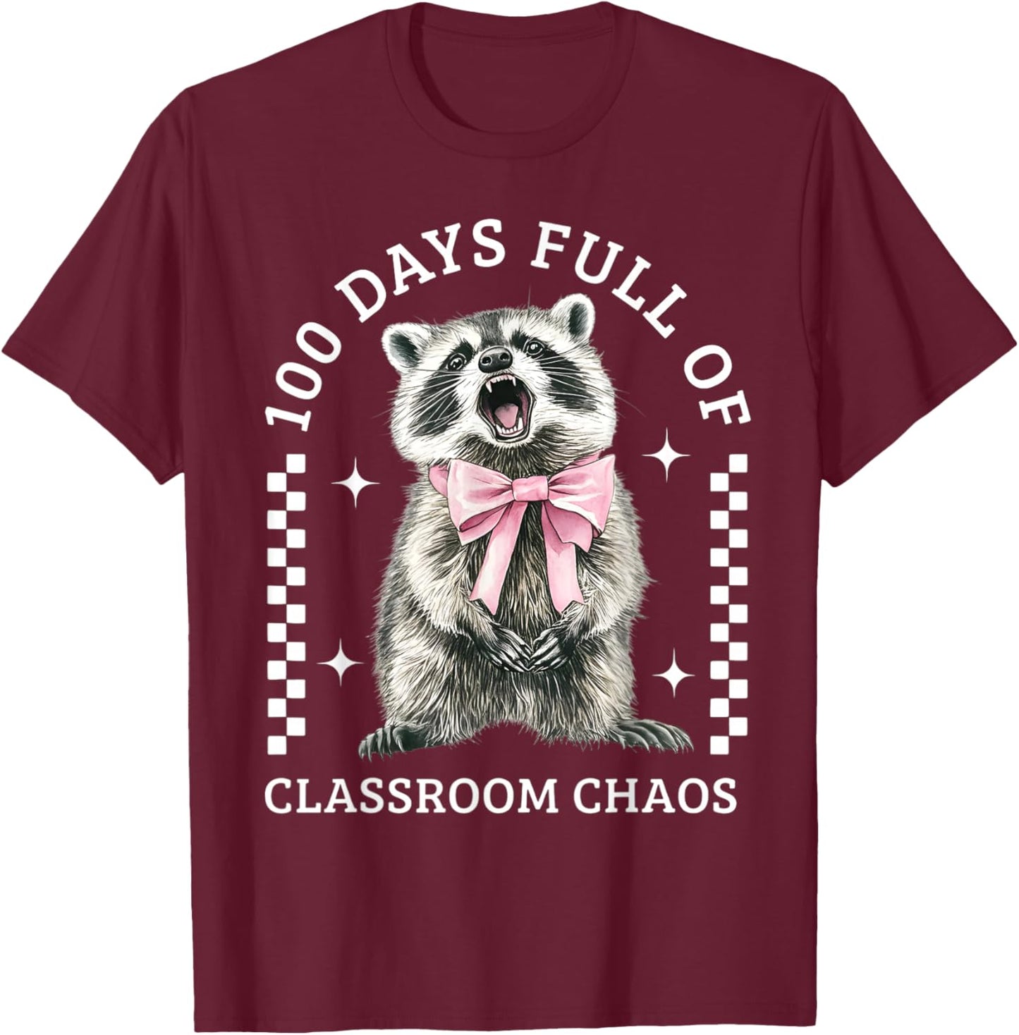 100Th Day Coquette Bow Raccoon 100 Days Full of School Chaos T-Shirt - T-Shirt | Maroon