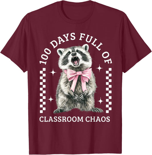 100Th Day Coquette Bow Raccoon 100 Days Full of School Chaos T-Shirt - T-Shirt | Maroon