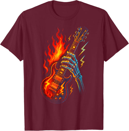 Flaming Guitar Skeleton - Band Emo Concert T-Shirt - T-Shirt | Maroon