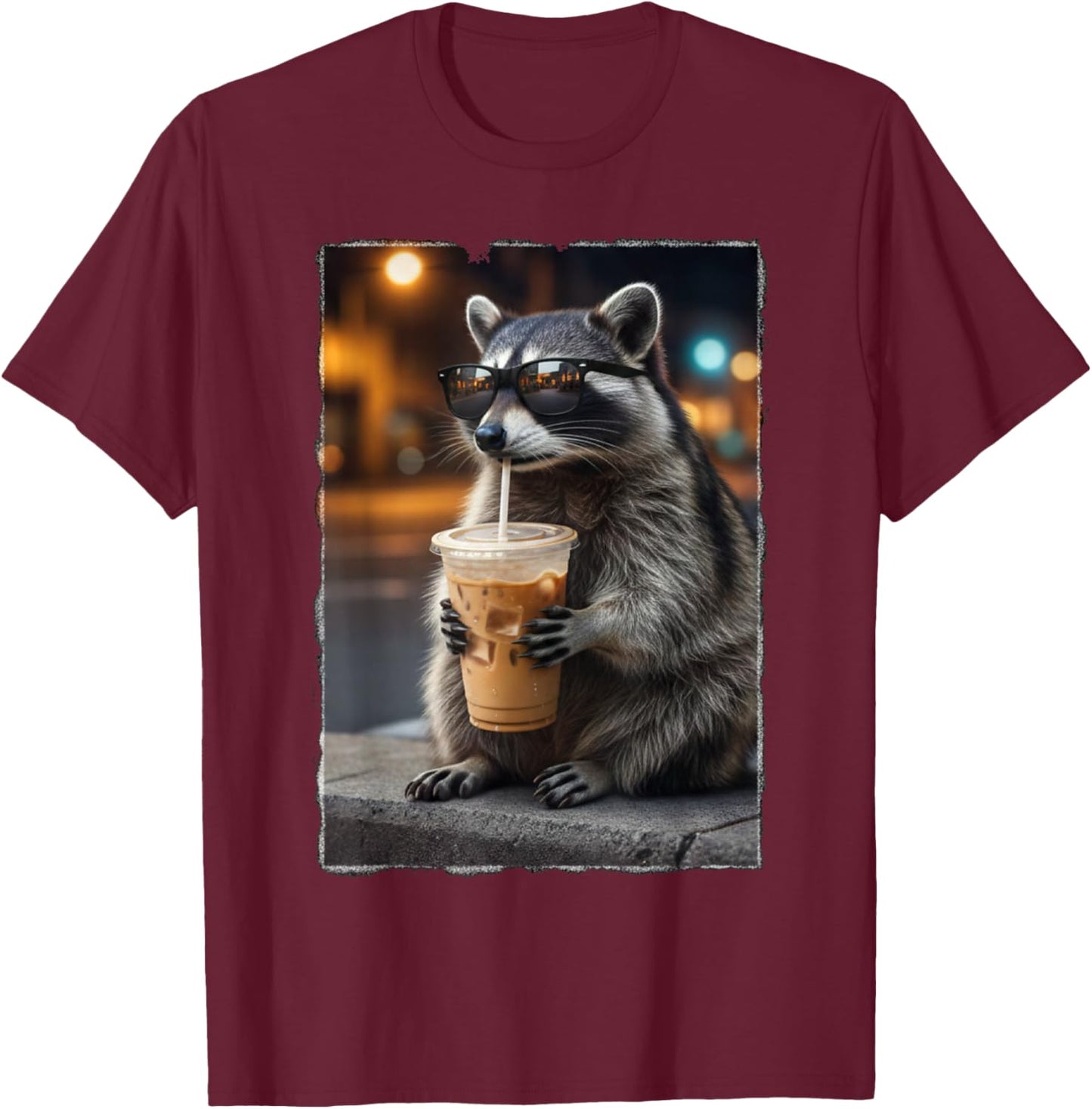 Cool Raccoon Drinking Iced Coffee At Night Funny Streetwear T-Shirt - T-Shirt | Maroon