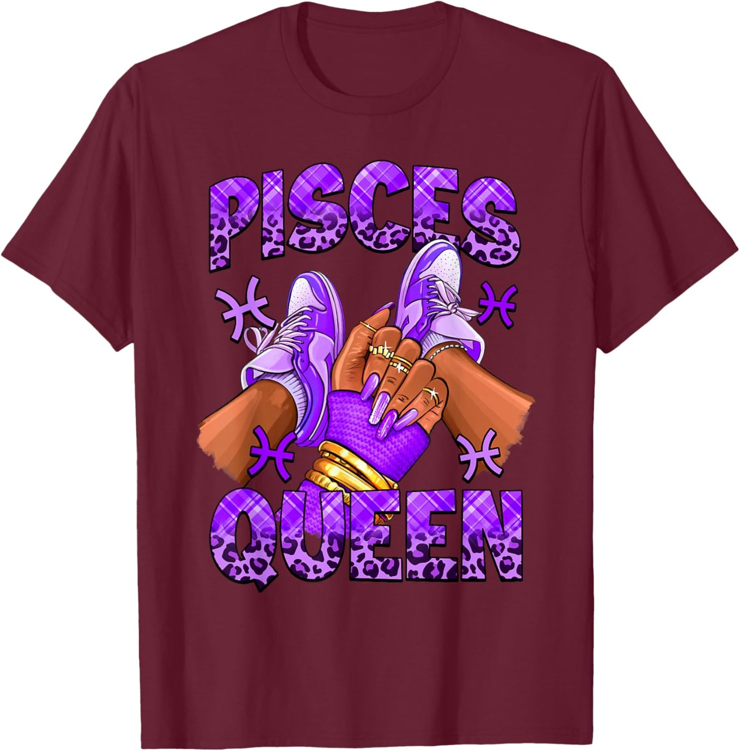 Pisces Girl Zodiac Birthday Afro Queen Sneakers Nails T-Shirt - T-Shirt | Maroon