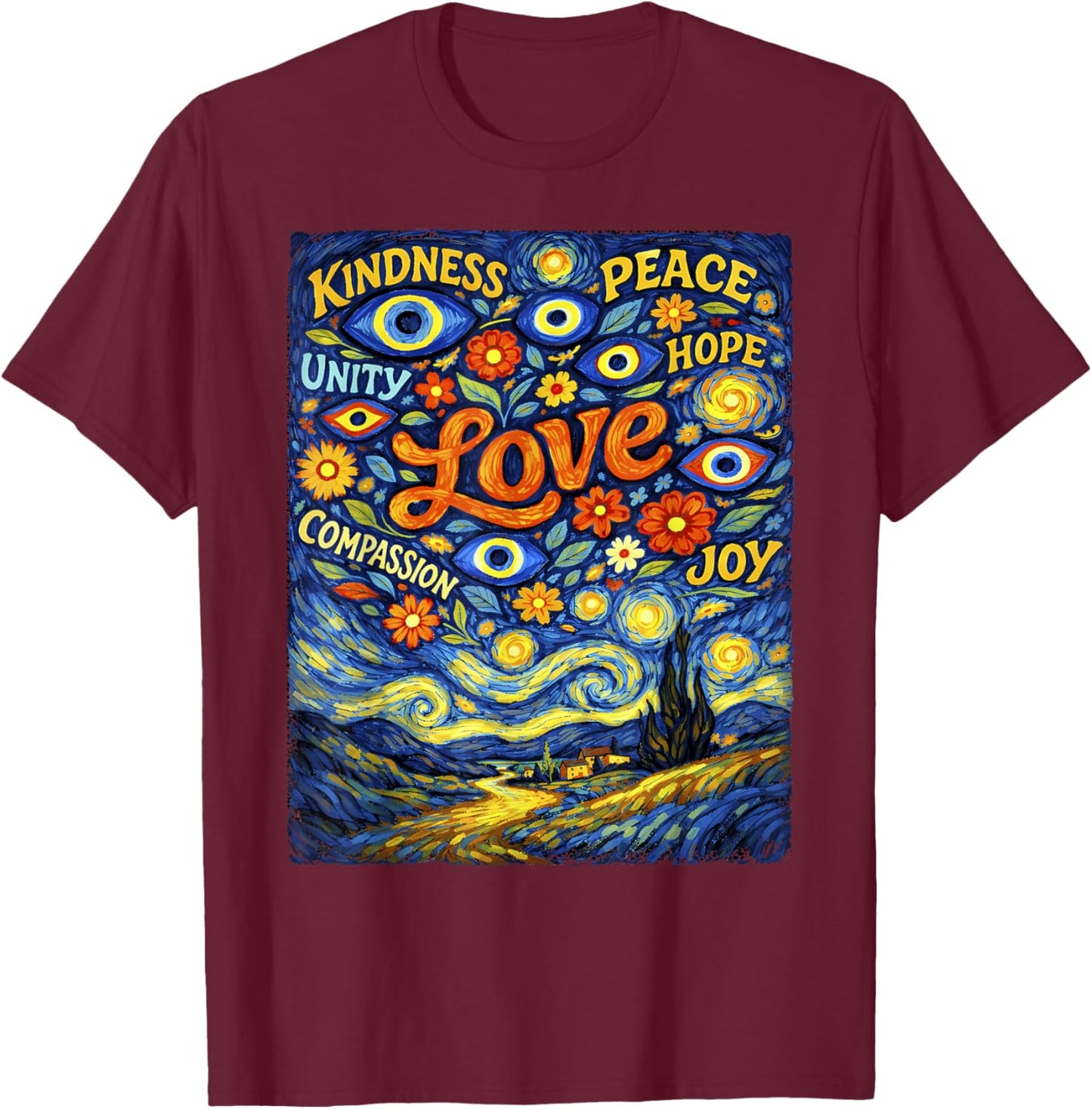 Peace Kindness Love Shirt Hope Evil Eye Van Gogh Graphic T-Shirt - T-Shirt | Maroon