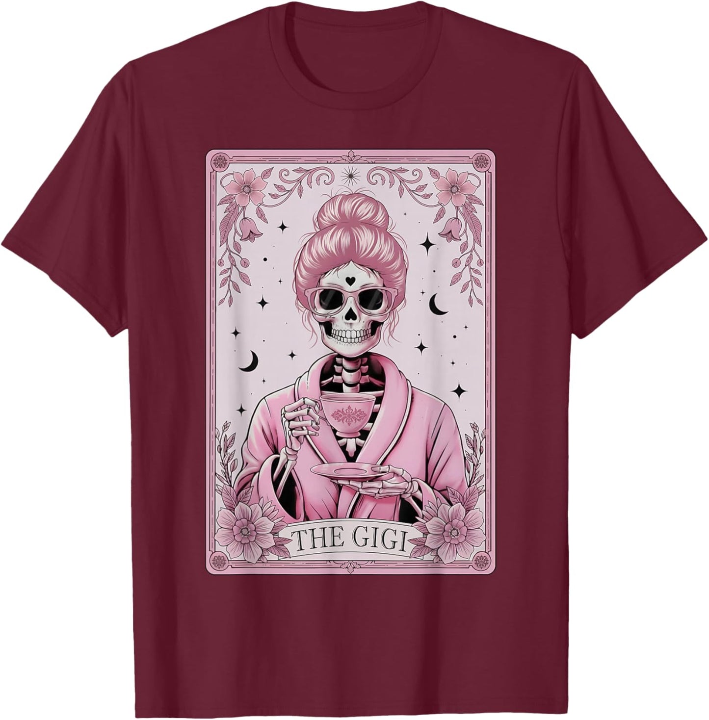 The Gigi Tarot Card Skeleton Coffee Happy Grandma T-Shirt - T-Shirt | Maroon
