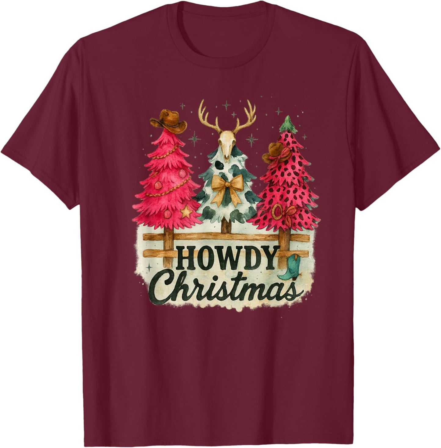 Howdy Christmas Western Trees Cowprint Leopard Cowboy T-Shirt - T-Shirt | Maroon