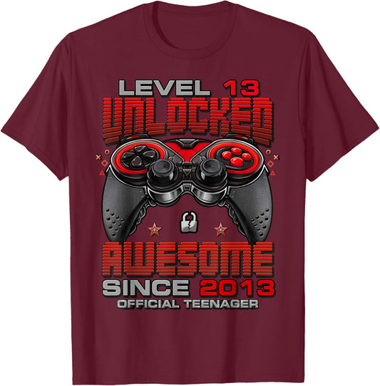 Level 13 Unlocked Awesome Since 2013 13th Birthday Gaming T-Shirt - T-Shirt | Maroon