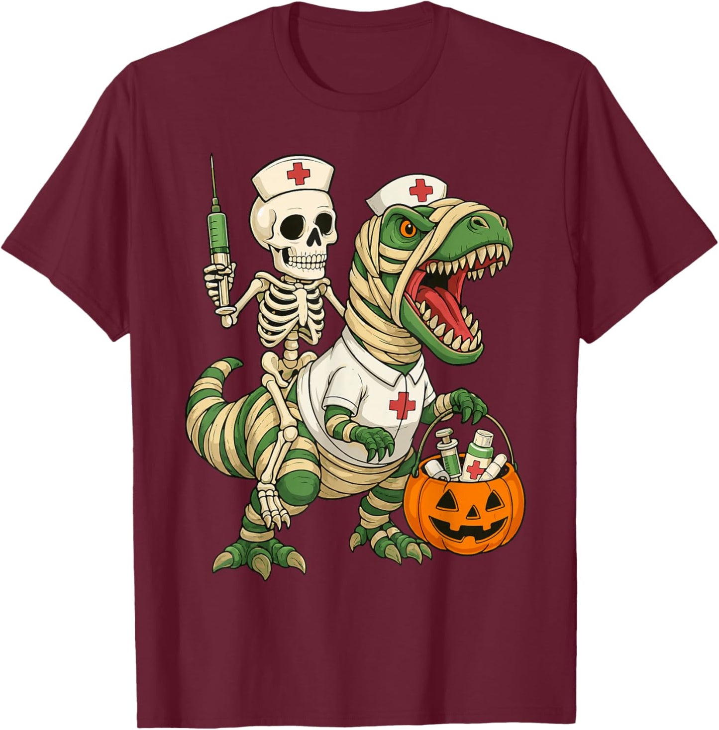 Nurse Skeleton Riding Mummy Dinosaur T rex Halloween Nurse T-Shirt - T-Shirt | Maroon