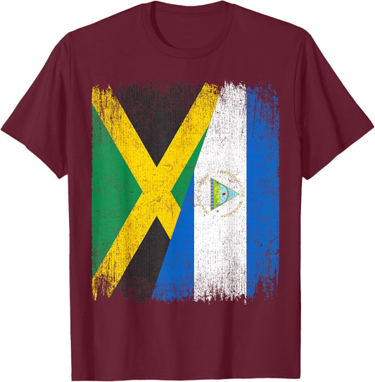 Half Jamaica Nicaragua Flag Jamaican Nicaraguan Pride Roots T-Shirt - T-Shirt | Maroon