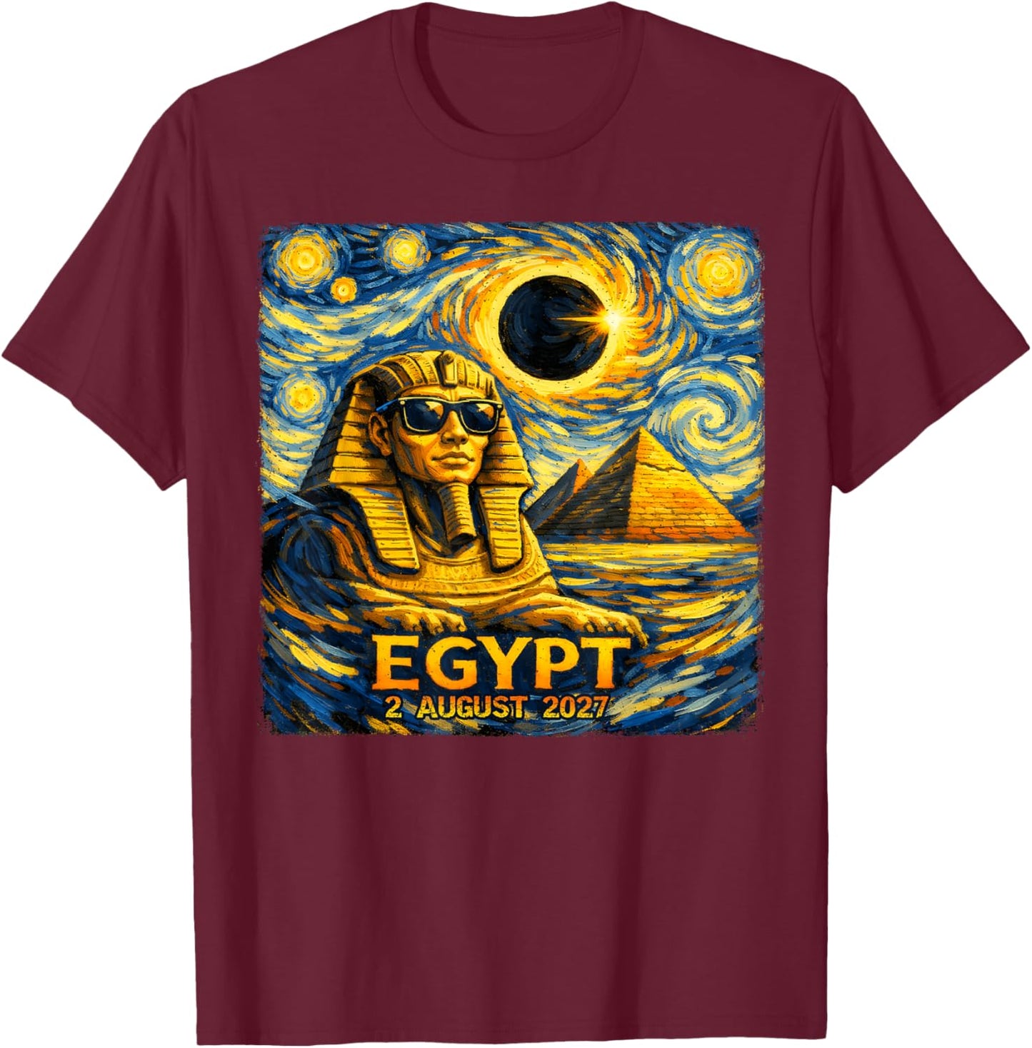 Total Solar Eclipse August 2, 2027 Egypt Sphinx Starry Night T-Shirt - T-Shirt | Maroon