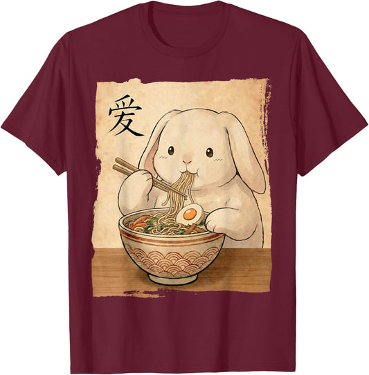 Funny Rabbit Eating Ramen Japanese Kawaii Anime Vintage T-Shirt - T-Shirt | Maroon