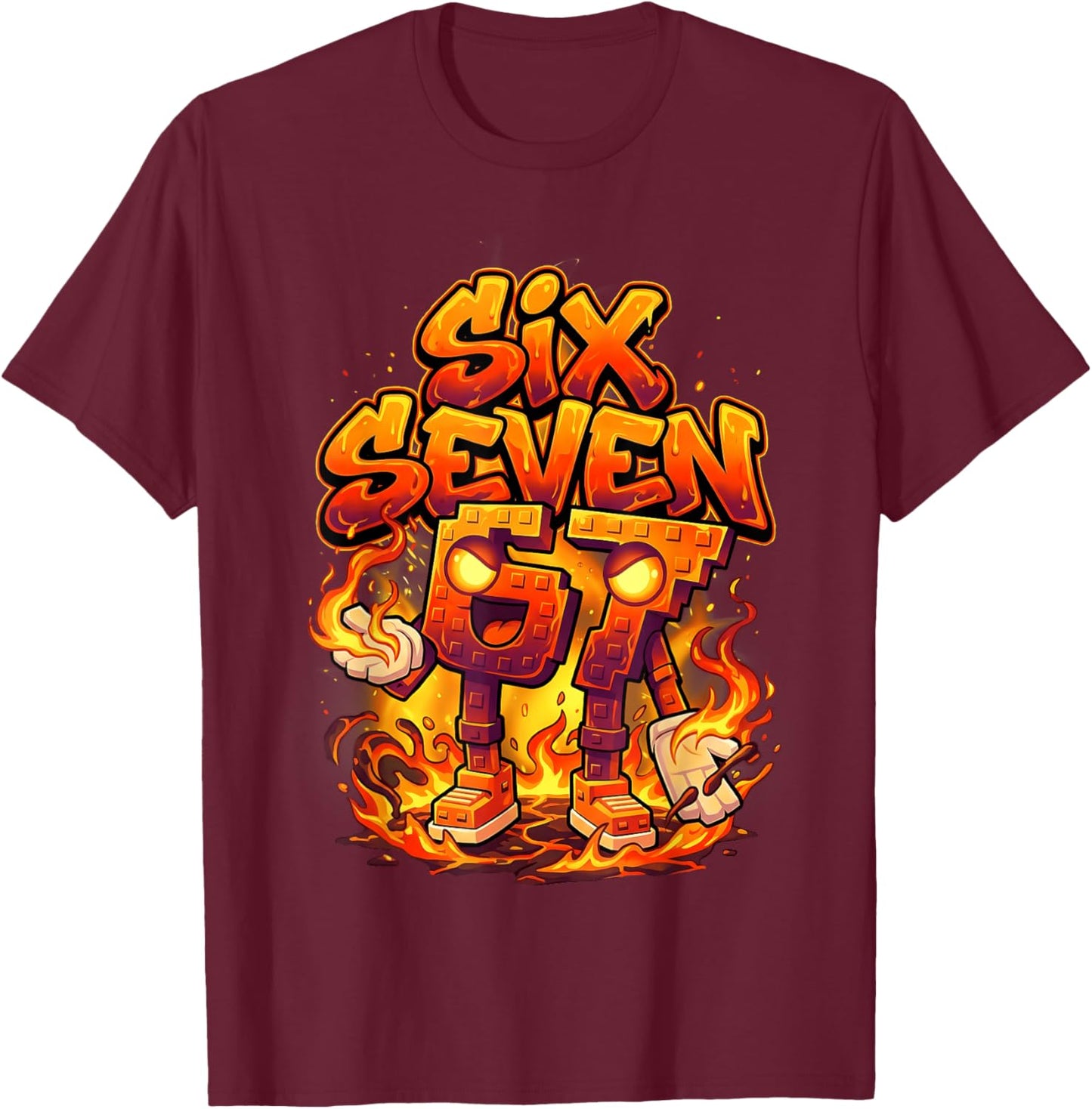 Six Seven 67 Fire Flames 6 7 Brainrot Meme Boy Kid Youth 6-7 T-Shirt - T-Shirt | Maroon