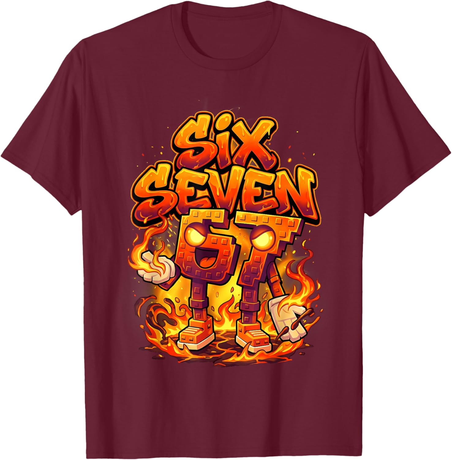 Six Seven 67 Fire Flames 6 7 Brainrot Meme Boy Kid Youth 6-7 T-Shirt - T-Shirt | Maroon