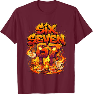 Six Seven 67 Fire Flames 6 7 Brainrot Meme Boy Kid Youth 6-7 T-Shirt - T-Shirt | Maroon