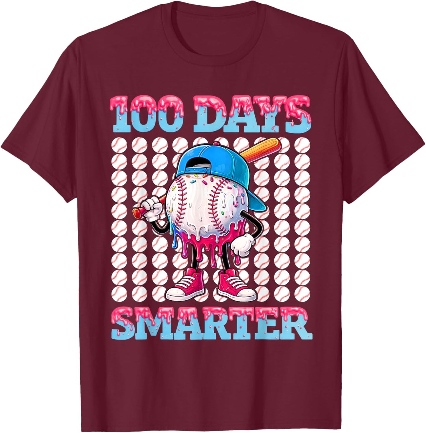 100 Days Smarter Baseball Drip Boys 100 Days of School Kids T-Shirt - T-Shirt | Maroon
