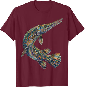 Gar Fish Abstract Aquatic Art Freshwater Biology Art T-Shirt - T-Shirt | Maroon