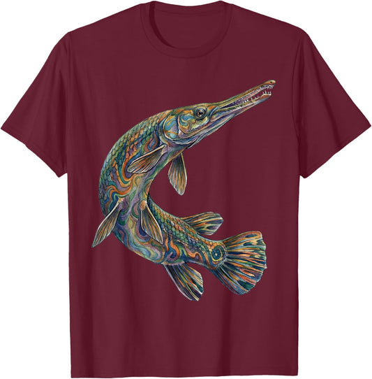 Gar Fish Abstract Aquatic Art Freshwater Biology Art T-Shirt - T-Shirt | Maroon