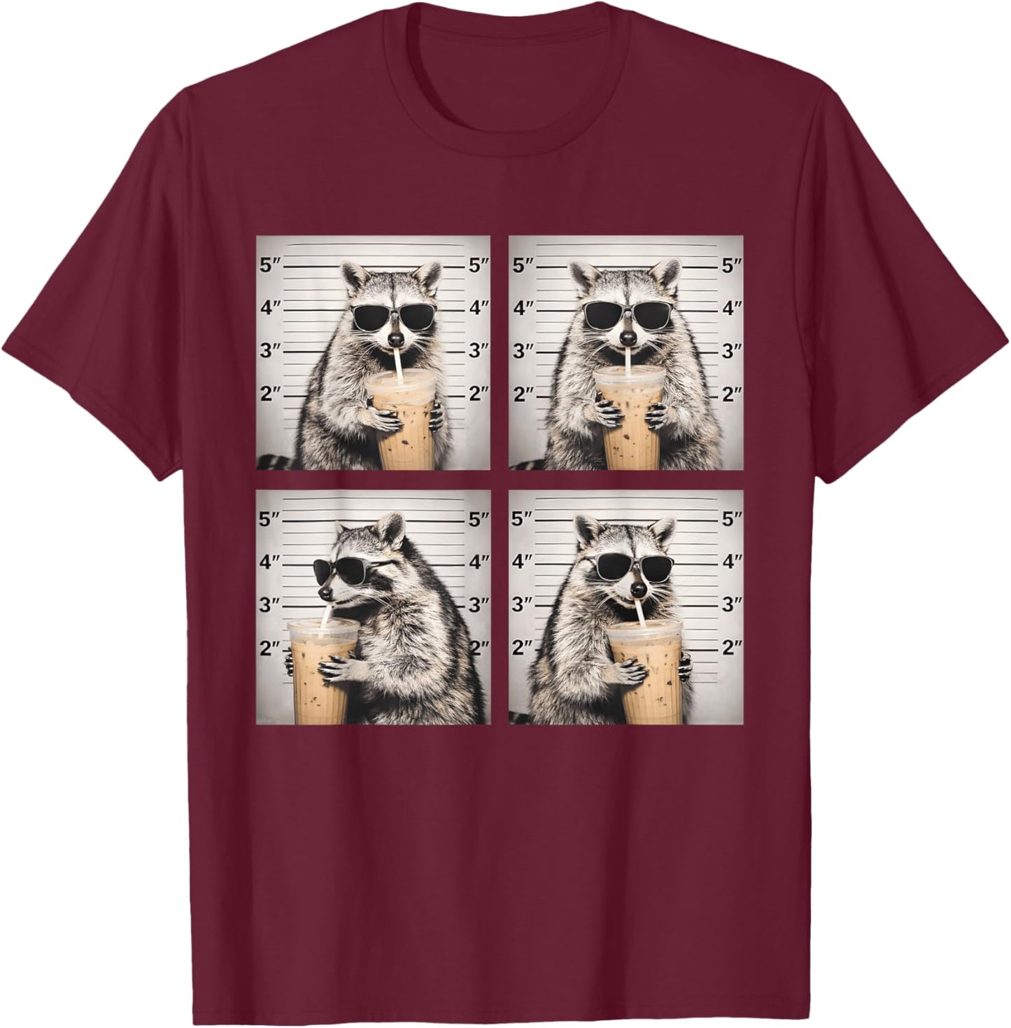 Raccoon Drinking Iced Coffee Funny Mugshot Animal Meme Cool T-Shirt - T-Shirt | Maroon